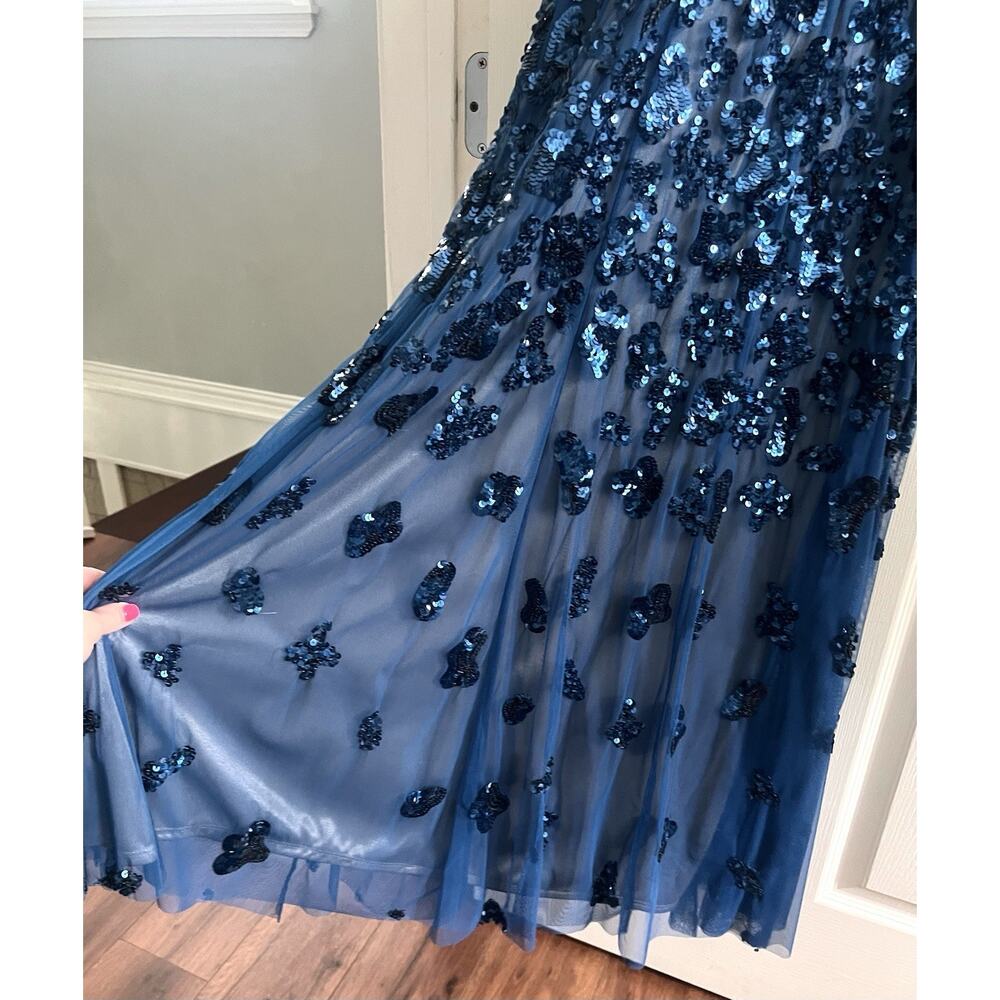 CACHE Vintage Y2K Blue Sequin Mesh Strapless Maxi Long Gown Dress - Picture 6 of 14